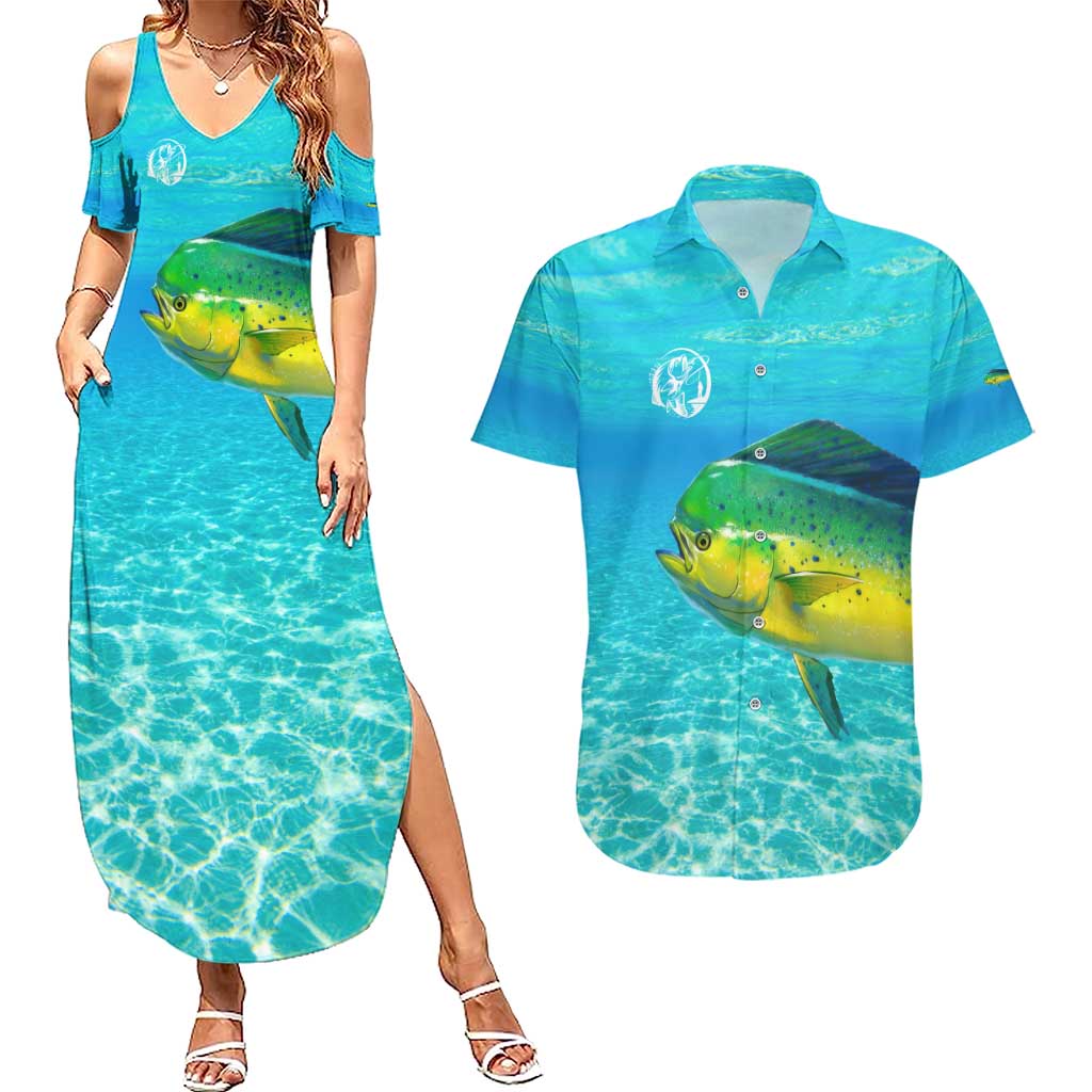 Mahi Mahi  Fishing Customize Name Couples Matching Summer Maxi Dress and Hawaiian Shirt Underwater Blue Background in Tropical Ocean Scene - Wonder Print Shop