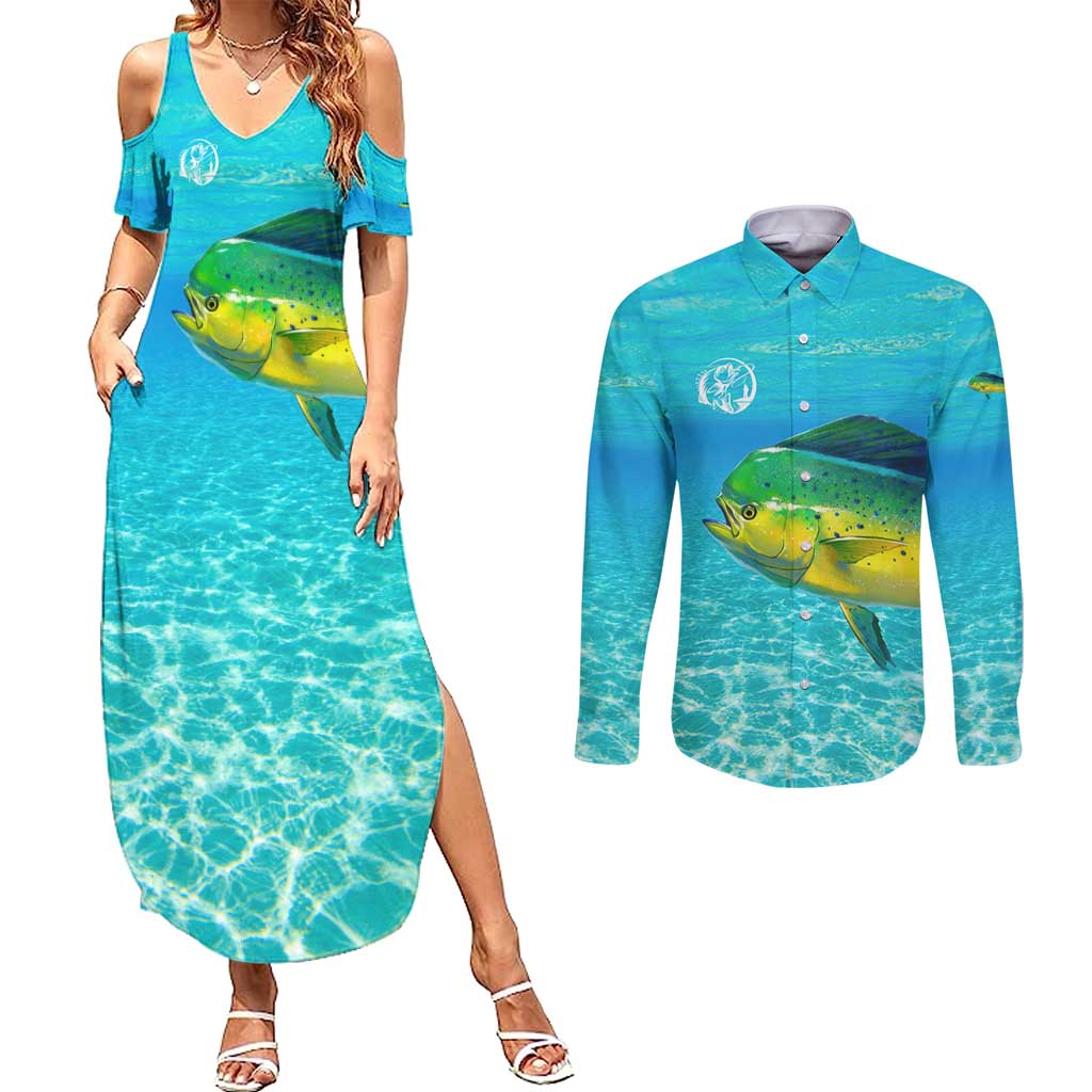 Mahi Mahi  Fishing Customize Name Couples Matching Summer Maxi Dress and Long Sleeve Button Shirt Underwater Blue Background in Tropical Ocean Scene - Wonder Print Shop