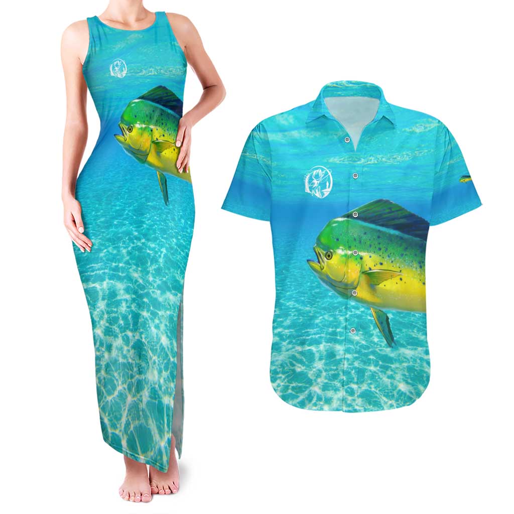 Mahi Mahi  Fishing Customize Name Couples Matching Tank Maxi Dress and Hawaiian Shirt Underwater Blue Background in Tropical Ocean Scene - Wonder Print Shop