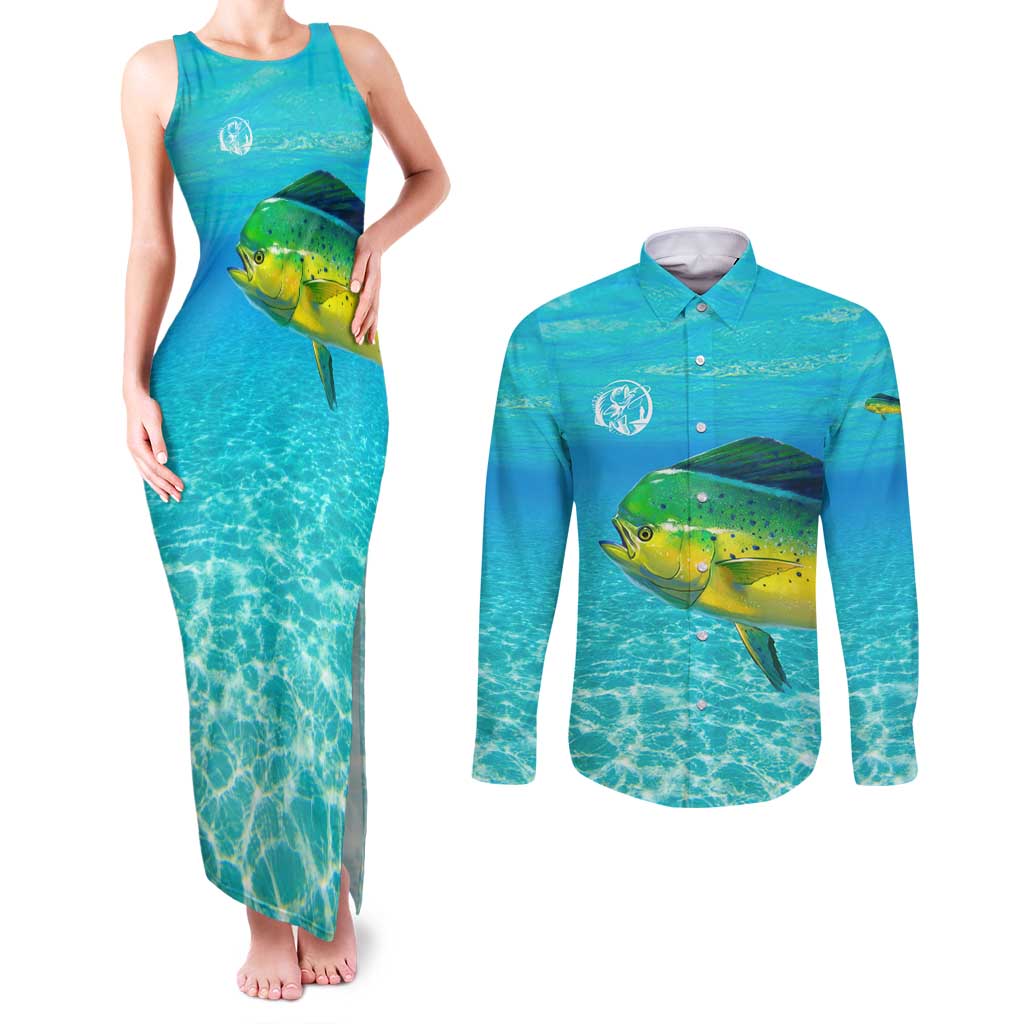Mahi Mahi  Fishing Customize Name Couples Matching Tank Maxi Dress and Long Sleeve Button Shirt Underwater Blue Background in Tropical Ocean Scene - Wonder Print Shop