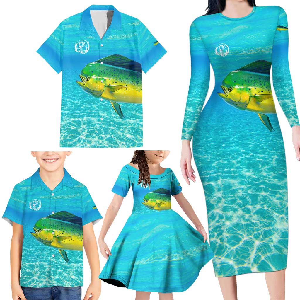 Mahi Mahi  Fishing Customize Name Family Matching Long Sleeve Bodycon Dress and Hawaiian Shirt Underwater Blue Background in Tropical Ocean Scene - Wonder Print Shop