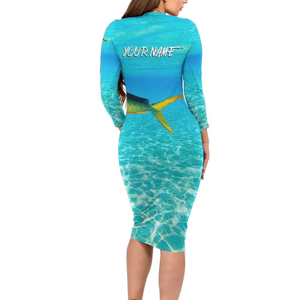 Mahi Mahi  Fishing Customize Name Family Matching Long Sleeve Bodycon Dress and Hawaiian Shirt Underwater Blue Background in Tropical Ocean Scene - Wonder Print Shop