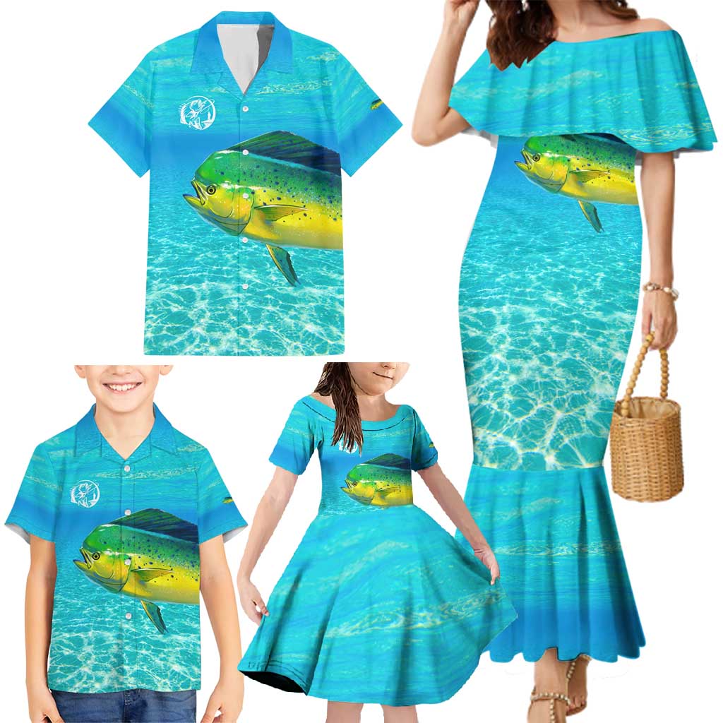 Mahi Mahi  Fishing Customize Name Family Matching Mermaid Dress and Hawaiian Shirt Underwater Blue Background in Tropical Ocean Scene - Wonder Print Shop