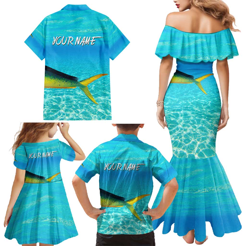 Mahi Mahi  Fishing Customize Name Family Matching Mermaid Dress and Hawaiian Shirt Underwater Blue Background in Tropical Ocean Scene - Wonder Print Shop