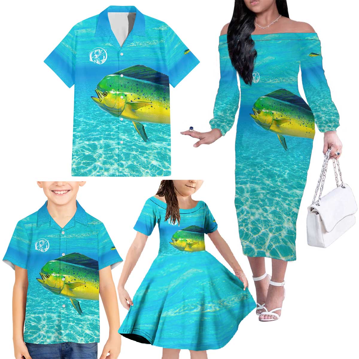 Mahi Mahi  Fishing Customize Name Family Matching Off The Shoulder Long Sleeve Dress and Hawaiian Shirt Underwater Blue Background in Tropical Ocean Scene - Wonder Print Shop