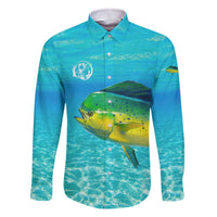 Mahi Mahi  Fishing Customize Name Family Matching Off The Shoulder Long Sleeve Dress and Hawaiian Shirt Underwater Blue Background in Tropical Ocean Scene - Wonder Print Shop