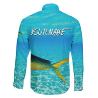 Mahi Mahi  Fishing Customize Name Family Matching Off The Shoulder Long Sleeve Dress and Hawaiian Shirt Underwater Blue Background in Tropical Ocean Scene - Wonder Print Shop