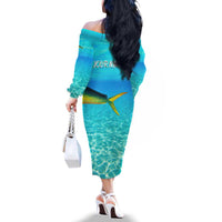 Mahi Mahi  Fishing Customize Name Family Matching Off The Shoulder Long Sleeve Dress and Hawaiian Shirt Underwater Blue Background in Tropical Ocean Scene - Wonder Print Shop