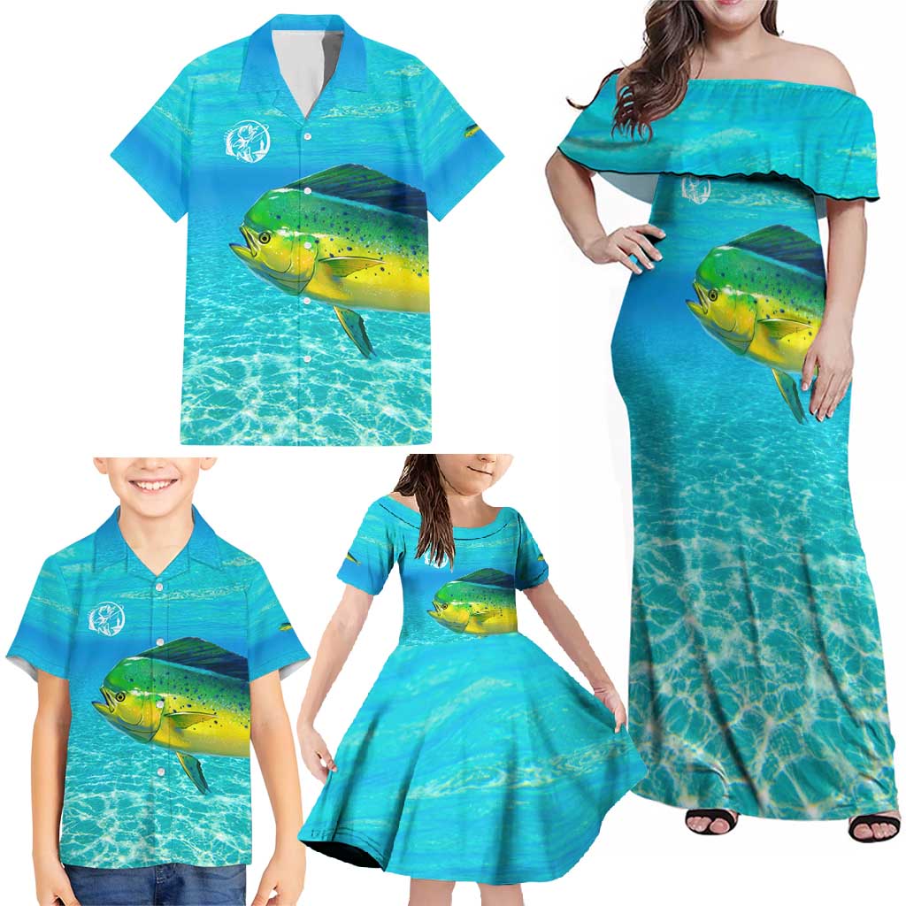 Mahi Mahi  Fishing Customize Name Family Matching Off Shoulder Maxi Dress and Hawaiian Shirt Underwater Blue Background in Tropical Ocean Scene - Wonder Print Shop