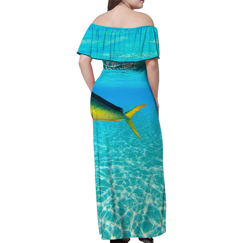 Mahi Mahi  Fishing Customize Name Family Matching Off Shoulder Maxi Dress and Hawaiian Shirt Underwater Blue Background in Tropical Ocean Scene - Wonder Print Shop