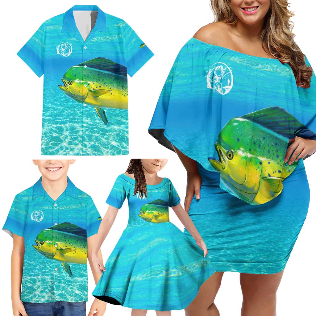Mahi Mahi  Fishing Customize Name Family Matching Off Shoulder Short Dress and Hawaiian Shirt Underwater Blue Background in Tropical Ocean Scene - Wonder Print Shop