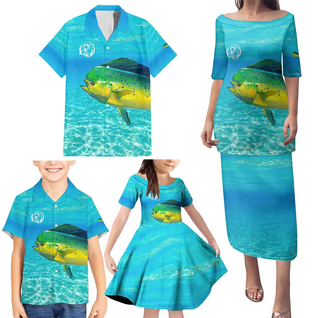 Mahi Mahi  Fishing Customize Name Family Matching Puletasi and Hawaiian Shirt Underwater Blue Background in Tropical Ocean Scene - Wonder Print Shop