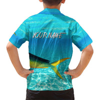 Mahi Mahi  Fishing Customize Name Family Matching Short Sleeve Bodycon Dress and Hawaiian Shirt Underwater Blue Background in Tropical Ocean Scene - Wonder Print Shop