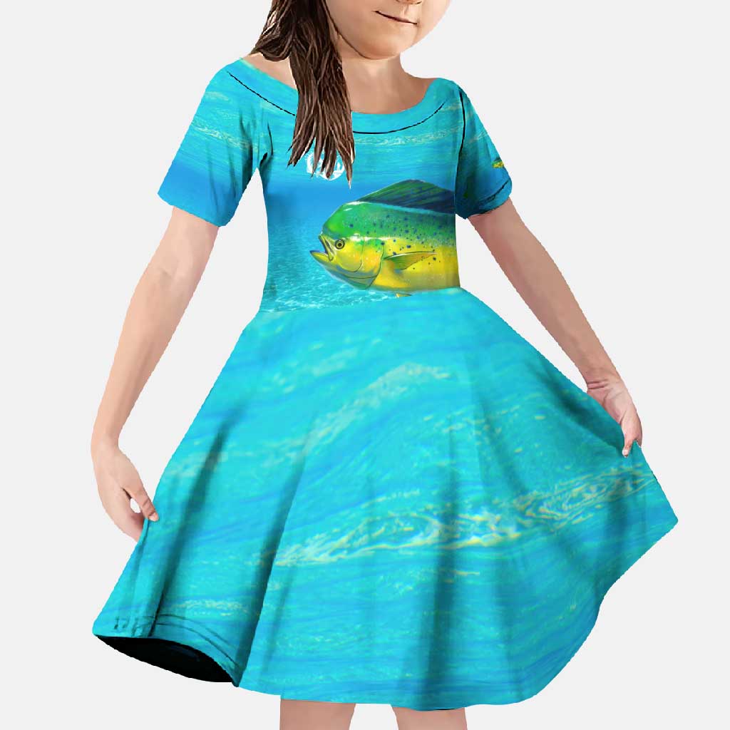 Mahi Mahi  Fishing Customize Name Family Matching Short Sleeve Bodycon Dress and Hawaiian Shirt Underwater Blue Background in Tropical Ocean Scene - Wonder Print Shop