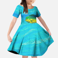 Mahi Mahi  Fishing Customize Name Family Matching Short Sleeve Bodycon Dress and Hawaiian Shirt Underwater Blue Background in Tropical Ocean Scene - Wonder Print Shop