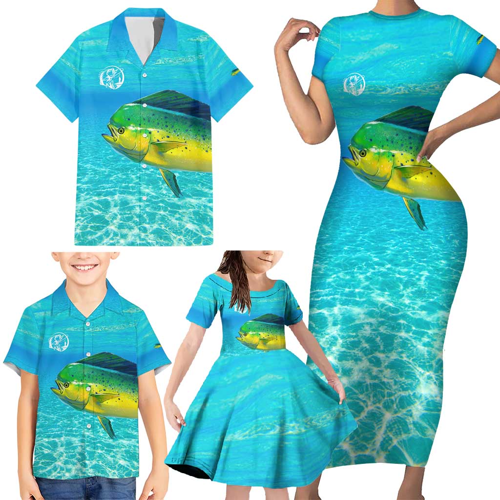Mahi Mahi  Fishing Customize Name Family Matching Short Sleeve Bodycon Dress and Hawaiian Shirt Underwater Blue Background in Tropical Ocean Scene - Wonder Print Shop