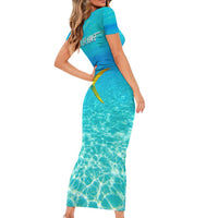 Mahi Mahi  Fishing Customize Name Family Matching Short Sleeve Bodycon Dress and Hawaiian Shirt Underwater Blue Background in Tropical Ocean Scene - Wonder Print Shop