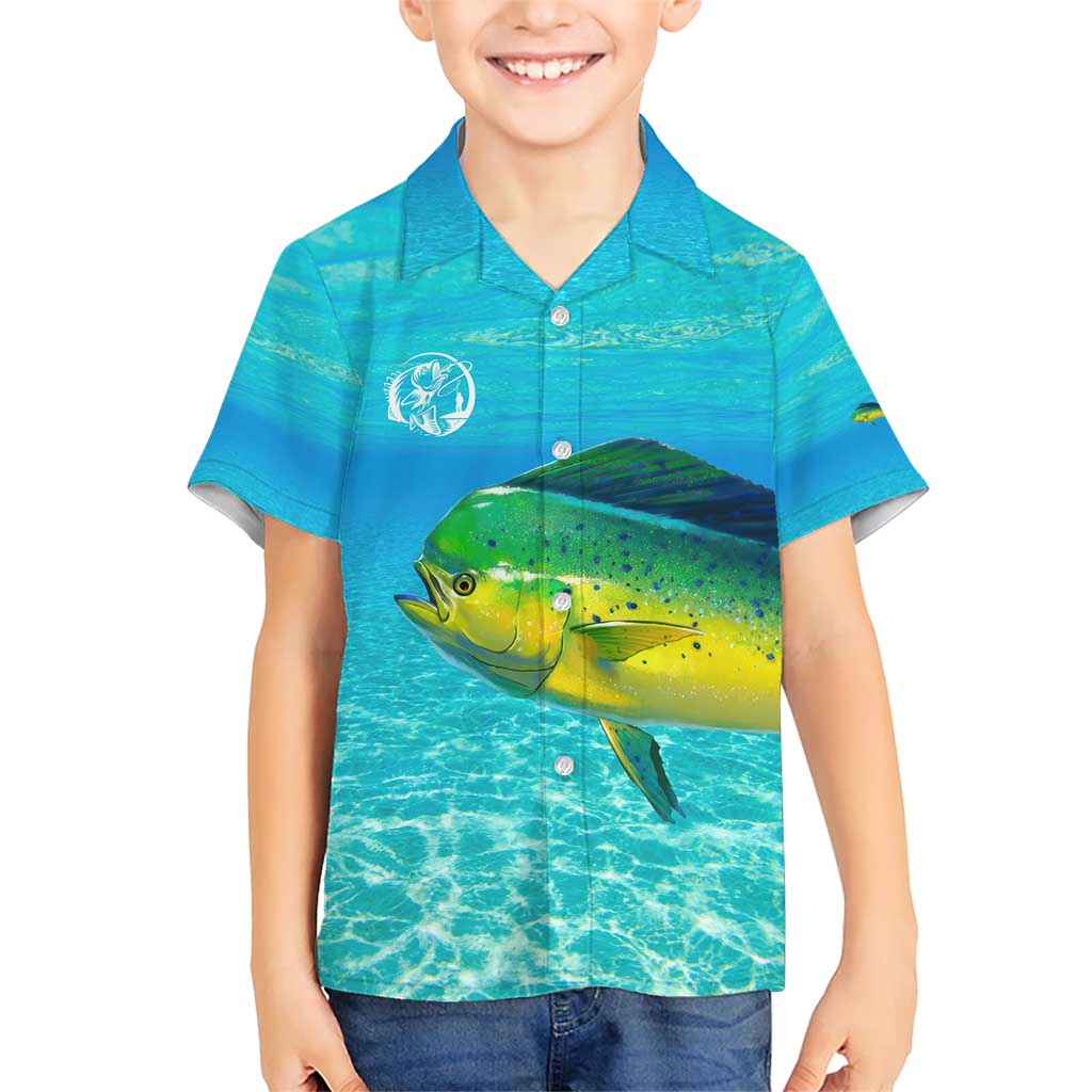 Mahi Mahi  Fishing Customize Name Family Matching Short Sleeve Bodycon Dress and Hawaiian Shirt Underwater Blue Background in Tropical Ocean Scene - Wonder Print Shop