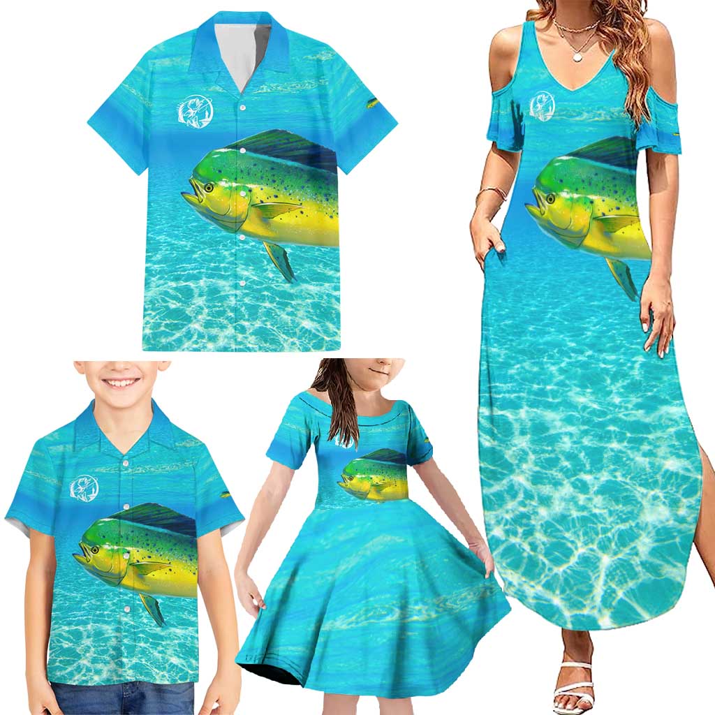 Mahi Mahi  Fishing Customize Name Family Matching Summer Maxi Dress and Hawaiian Shirt Underwater Blue Background in Tropical Ocean Scene - Wonder Print Shop