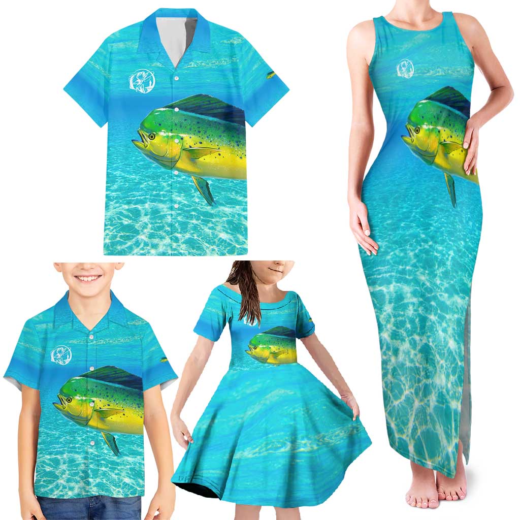 Mahi Mahi  Fishing Customize Name Family Matching Tank Maxi Dress and Hawaiian Shirt Underwater Blue Background in Tropical Ocean Scene - Wonder Print Shop