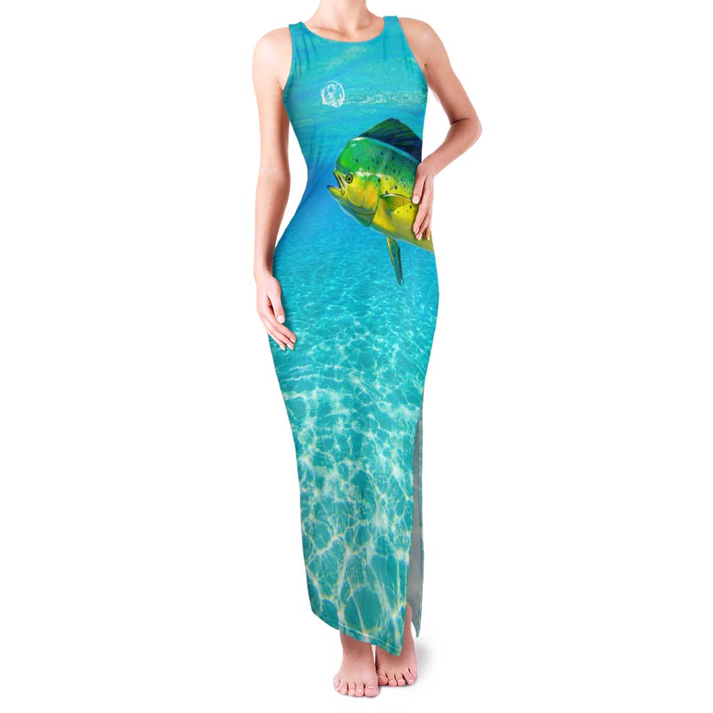 Mahi Mahi  Fishing Customize Name Family Matching Tank Maxi Dress and Hawaiian Shirt Underwater Blue Background in Tropical Ocean Scene - Wonder Print Shop