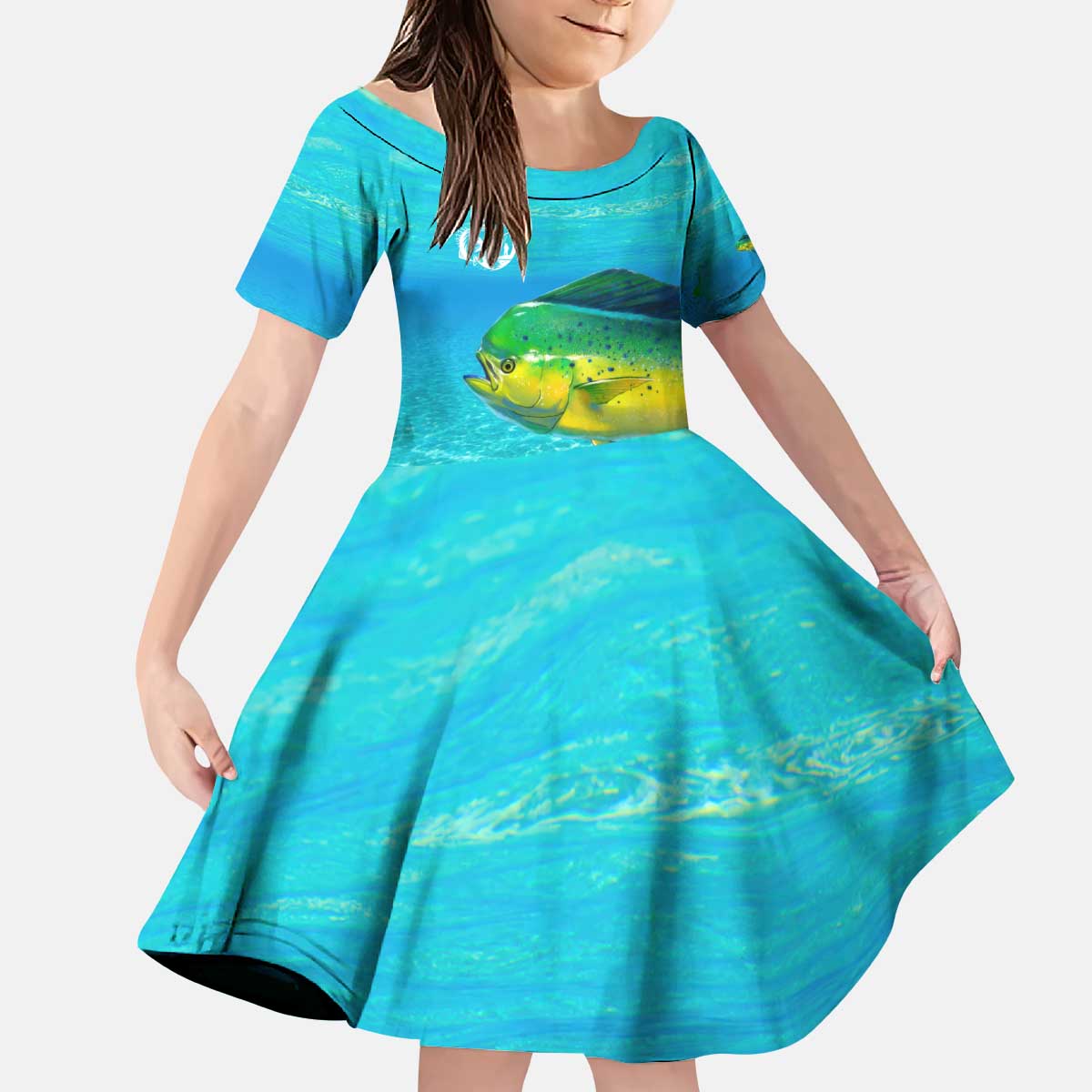 Mahi Mahi  Fishing Customize Name Kid Short Sleeve Dress Underwater Blue Background in Tropical Ocean Scene - Wonder Print Shop