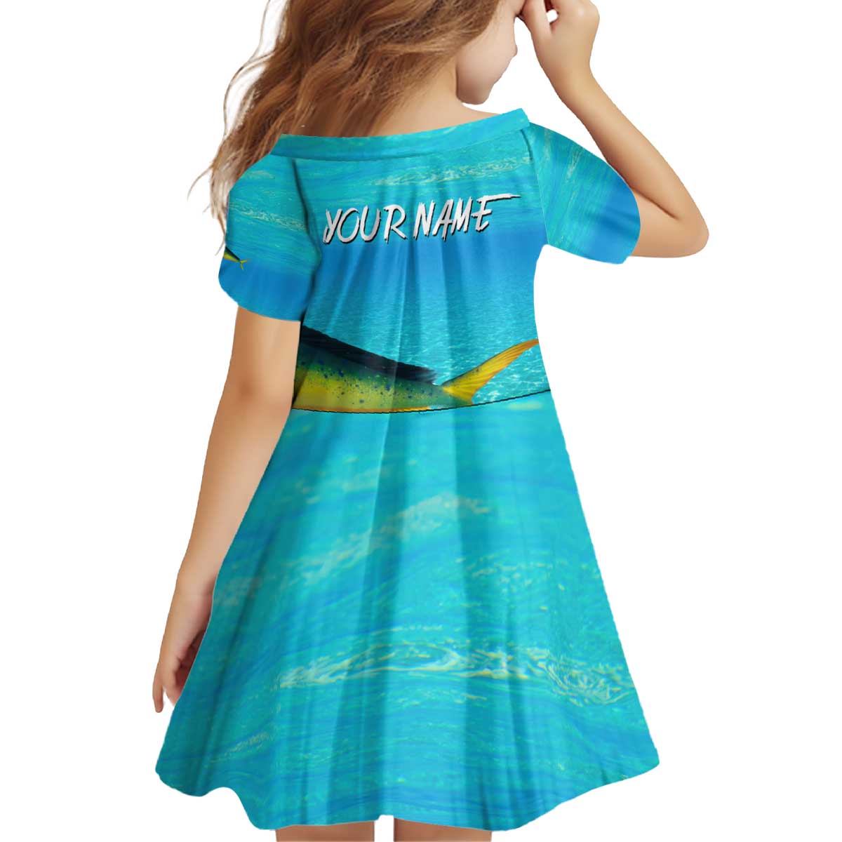 Mahi Mahi  Fishing Customize Name Kid Short Sleeve Dress Underwater Blue Background in Tropical Ocean Scene - Wonder Print Shop