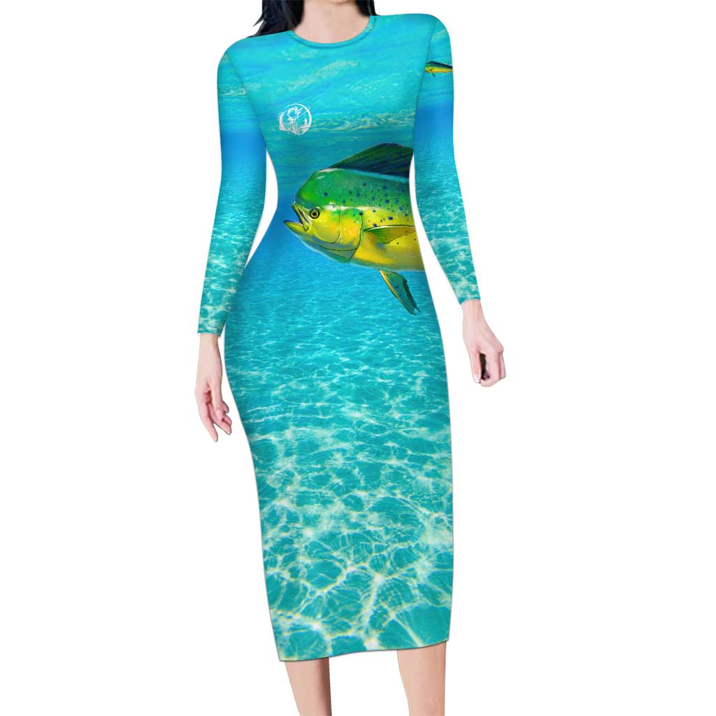 Mahi Mahi  Fishing Customize Name Long Sleeve Bodycon Dress Underwater Blue Background in Tropical Ocean Scene - Wonder Print Shop