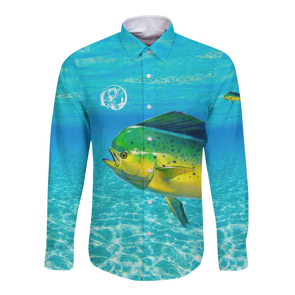 Mahi Mahi  Fishing Customize Name Long Sleeve Button Shirt Underwater Blue Background in Tropical Ocean Scene - Wonder Print Shop