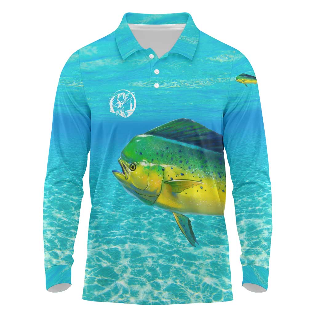 Mahi Mahi  Fishing Customize Name Long Sleeve Polo Shirt Underwater Blue Background in Tropical Ocean Scene - Wonder Print Shop