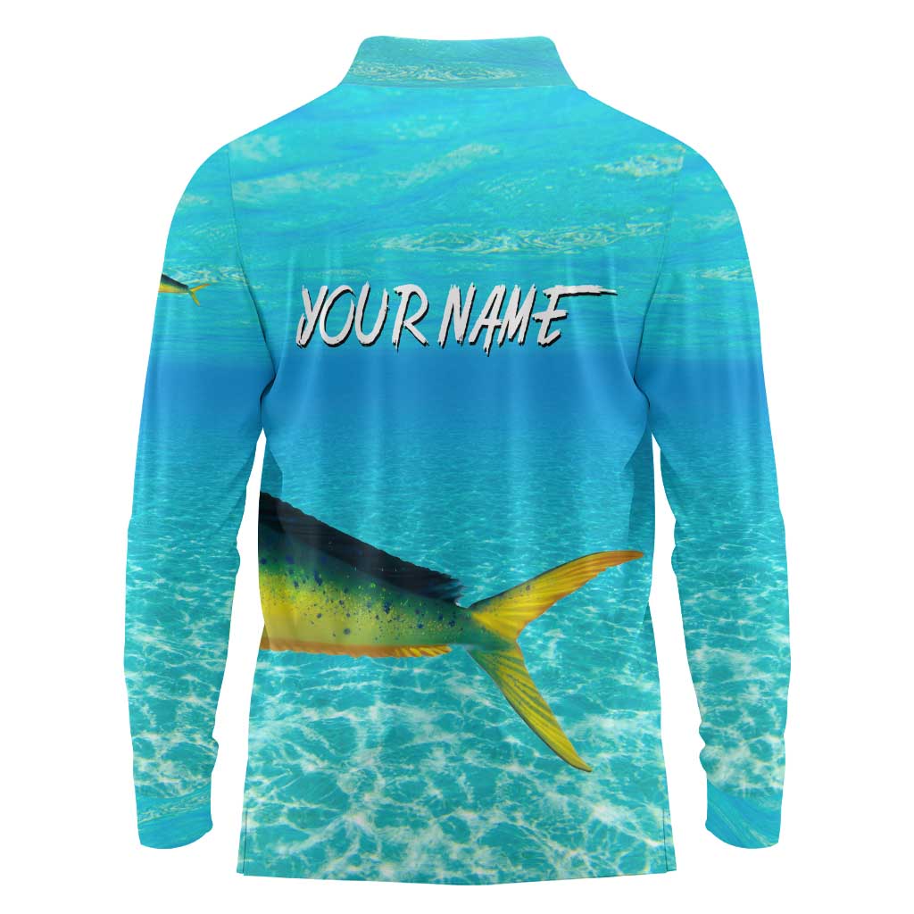 Mahi Mahi  Fishing Customize Name Long Sleeve Polo Shirt Underwater Blue Background in Tropical Ocean Scene - Wonder Print Shop