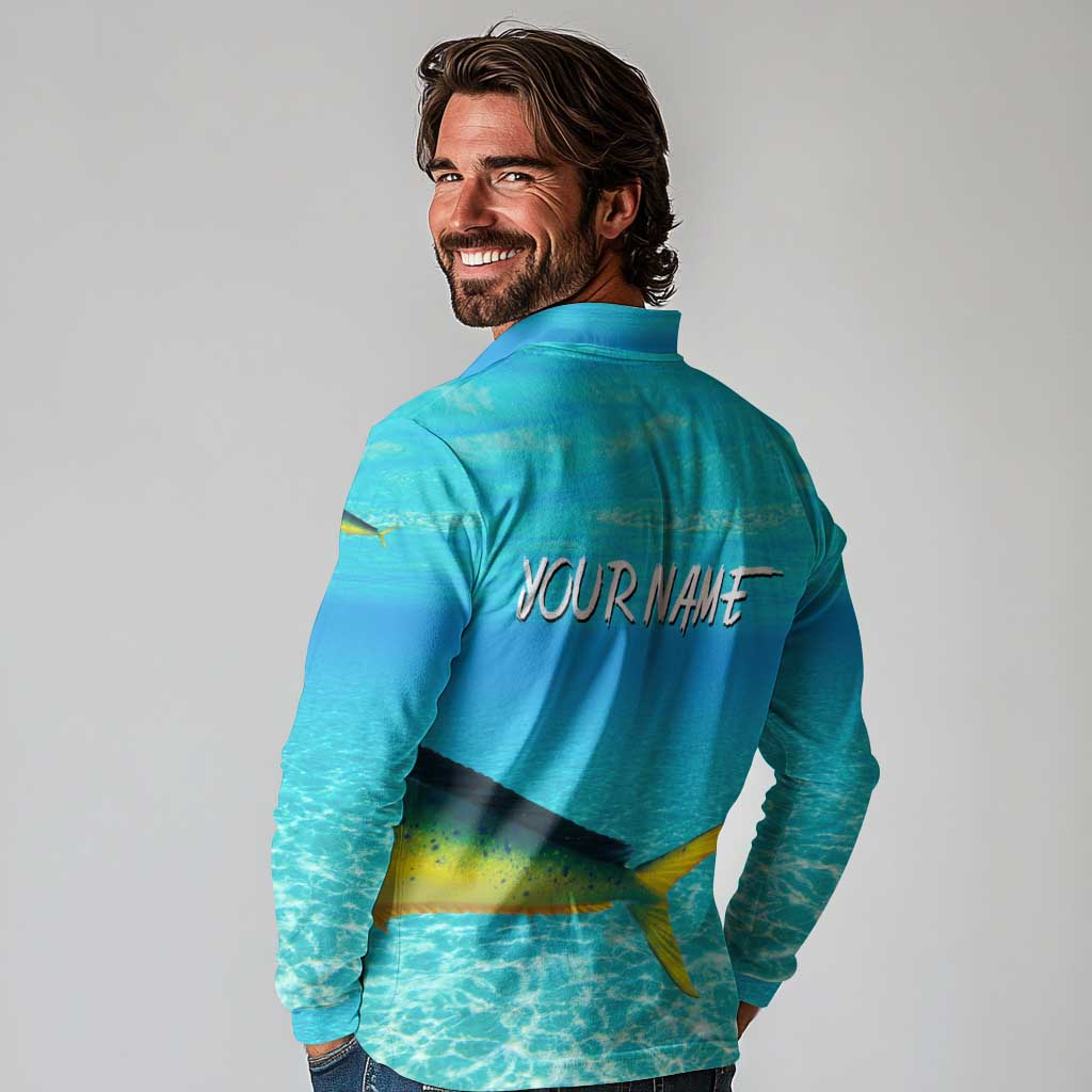 Mahi Mahi  Fishing Customize Name Long Sleeve Polo Shirt Underwater Blue Background in Tropical Ocean Scene - Wonder Print Shop
