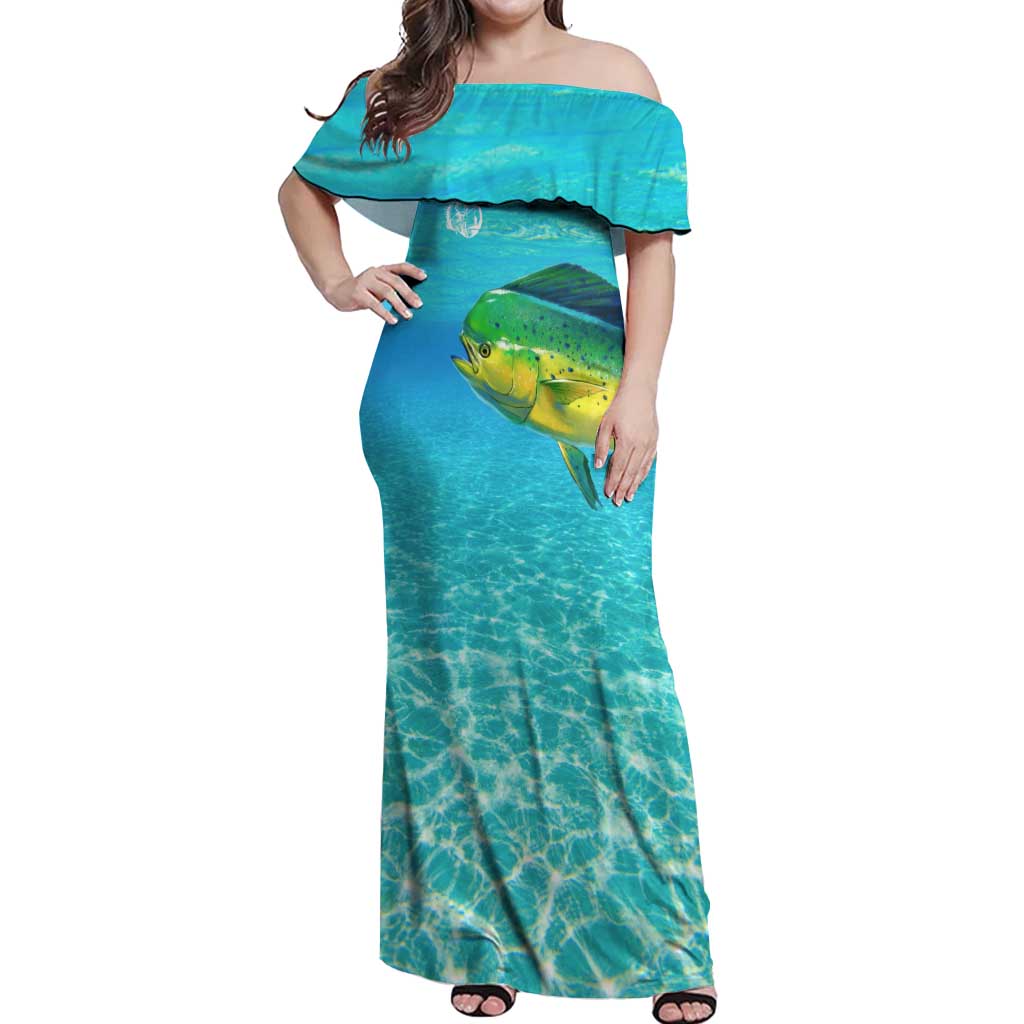 Mahi Mahi  Fishing Customize Name Off Shoulder Maxi Dress Underwater Blue Background in Tropical Ocean Scene - Wonder Print Shop