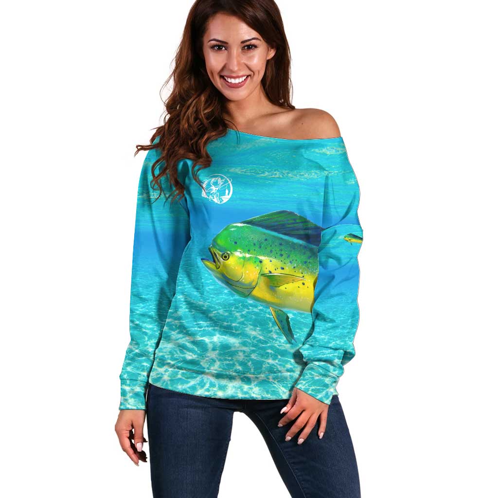 Mahi Mahi  Fishing Customize Name Off Shoulder Sweater Underwater Blue Background in Tropical Ocean Scene - Wonder Print Shop