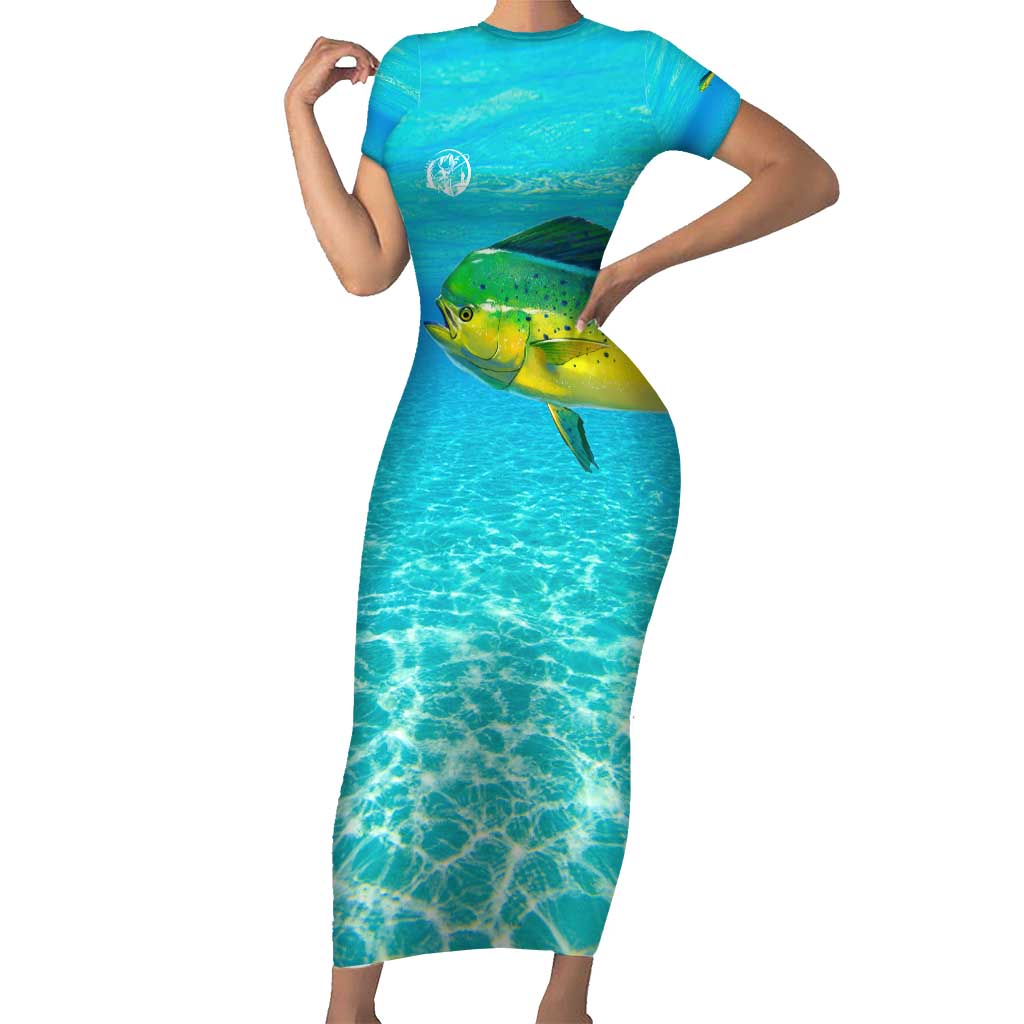 Mahi Mahi  Fishing Customize Name Short Sleeve Bodycon Dress Underwater Blue Background in Tropical Ocean Scene - Wonder Print Shop