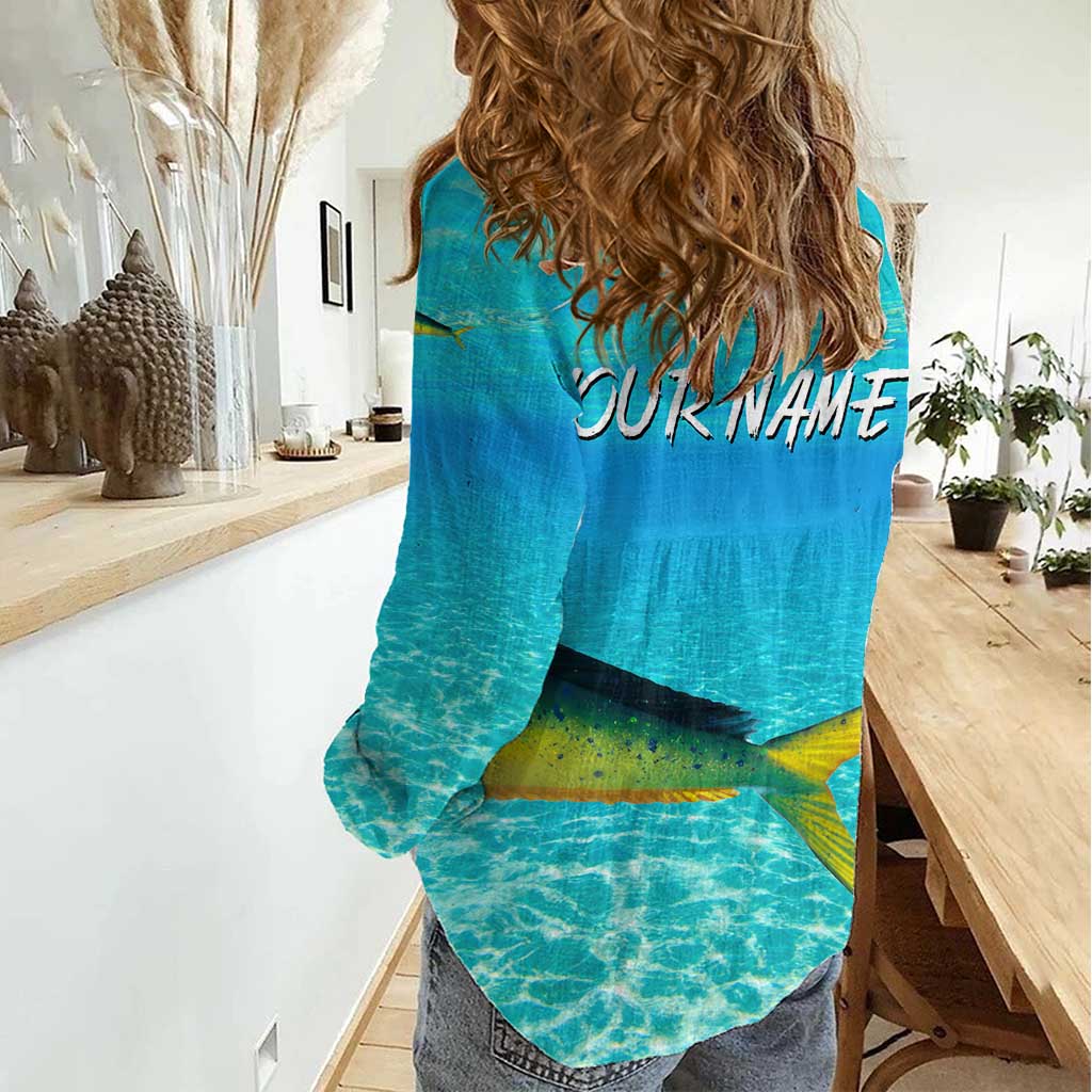 Mahi Mahi  Fishing Customize Name Women Casual Shirt Underwater Blue Background in Tropical Ocean Scene - Wonder Print Shop
