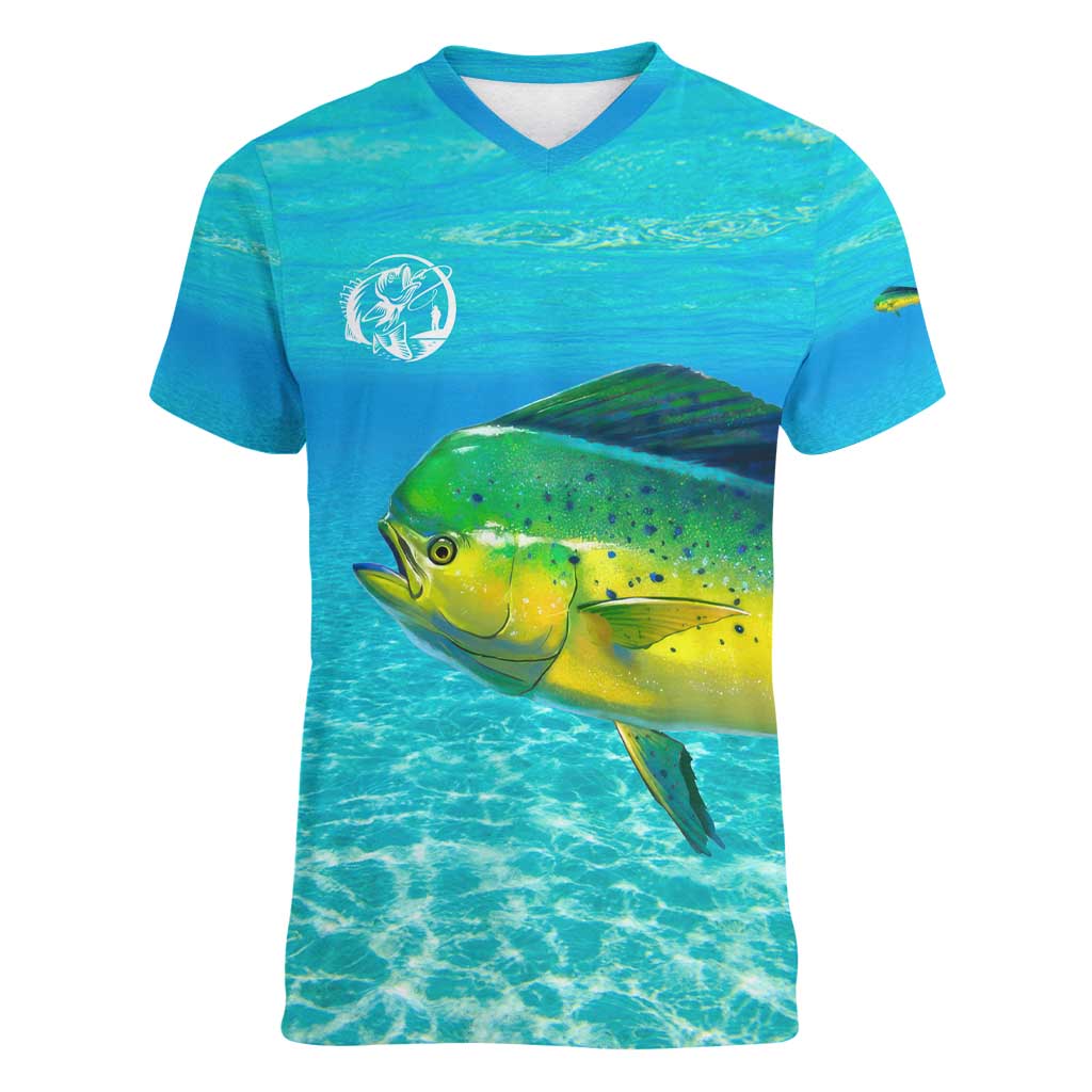 Mahi Mahi  Fishing Customize Name Women V-Neck T-Shirt Underwater Blue Background in Tropical Ocean Scene - Wonder Print Shop