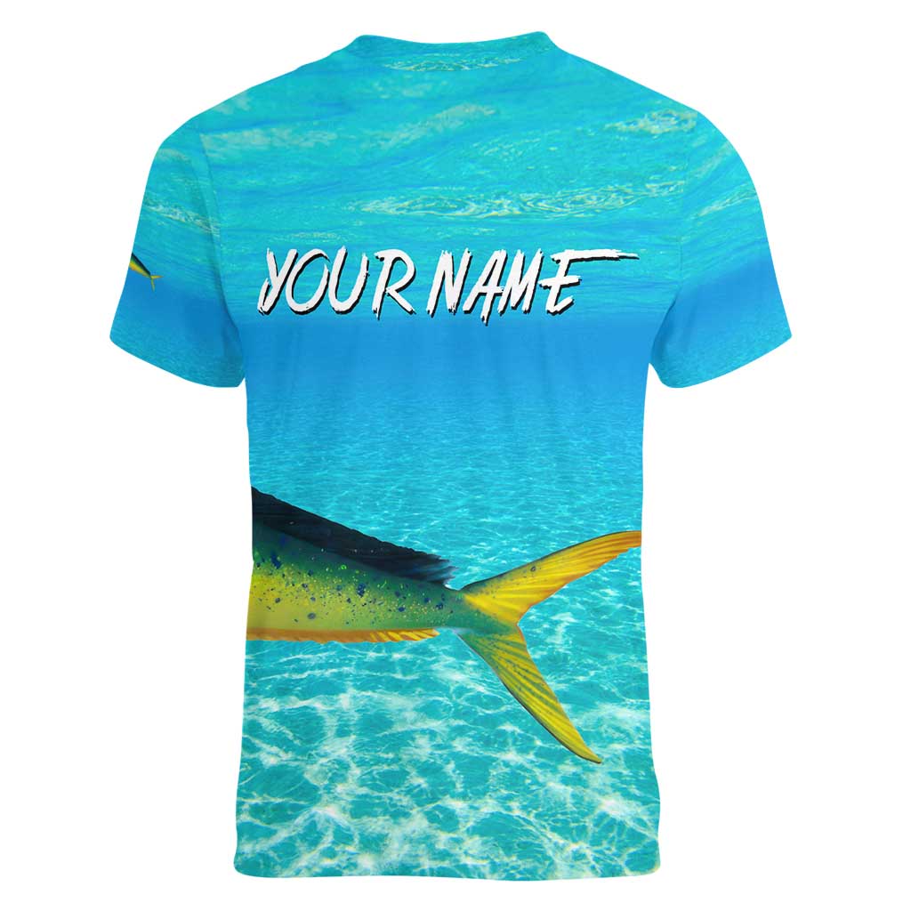Mahi Mahi  Fishing Customize Name Women V-Neck T-Shirt Underwater Blue Background in Tropical Ocean Scene - Wonder Print Shop