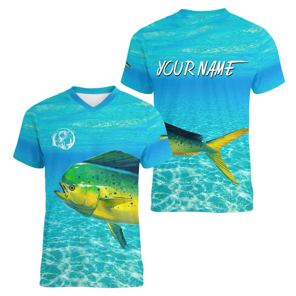 Mahi Mahi  Fishing Customize Name Women V-Neck T-Shirt Underwater Blue Background in Tropical Ocean Scene - Wonder Print Shop