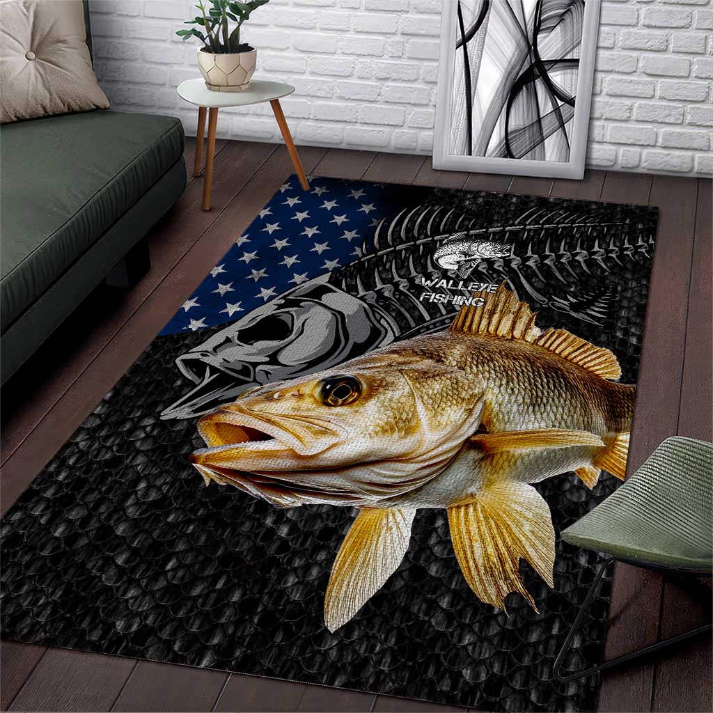 Walleye Fishing Skeleton Personalized Area Rug Grunge American Flag and Realistic Fish Graphic - Wonder Print Shop