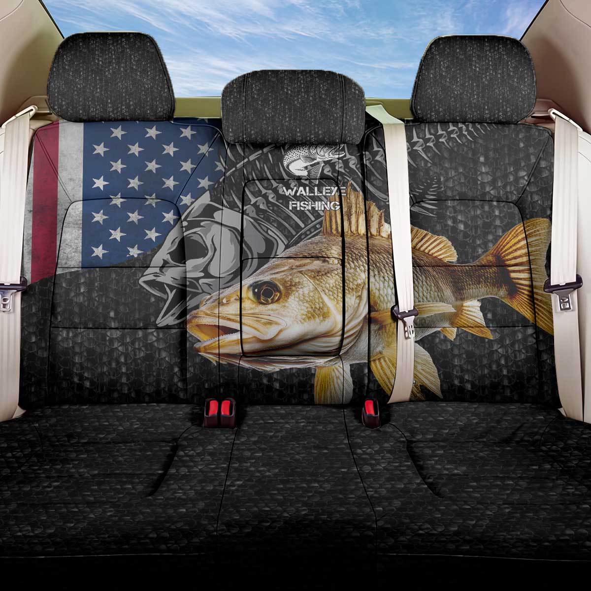 Walleye Fishing Skeleton Personalized Back Car Seat Cover Grunge American Flag and Realistic Fish Graphic - Wonder Print Shop