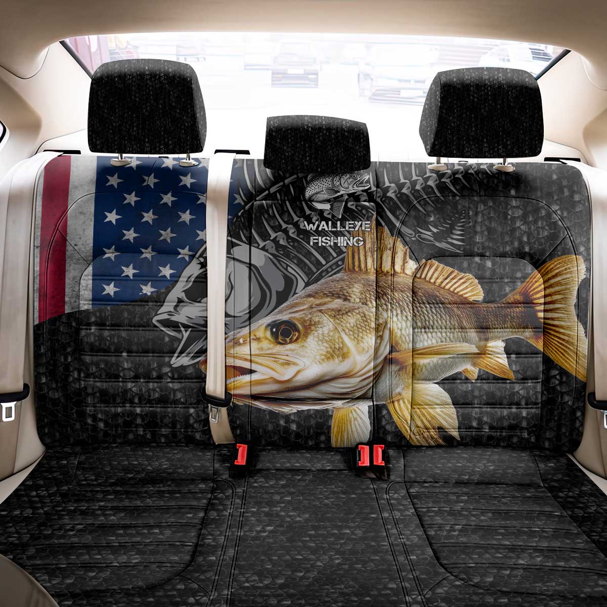 Walleye Fishing Skeleton Personalized Back Car Seat Cover Grunge American Flag and Realistic Fish Graphic - Wonder Print Shop