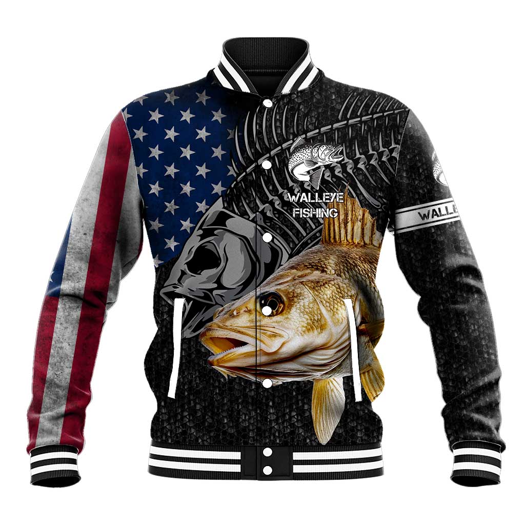 Walleye Fishing Skeleton Personalized Baseball Jacket Grunge American Flag and Realistic Fish Graphic - Wonder Print Shop