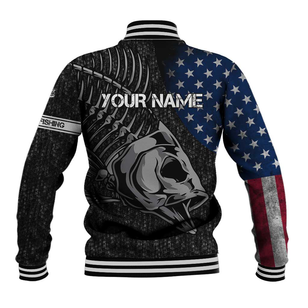 Walleye Fishing Skeleton Personalized Baseball Jacket Grunge American Flag and Realistic Fish Graphic - Wonder Print Shop