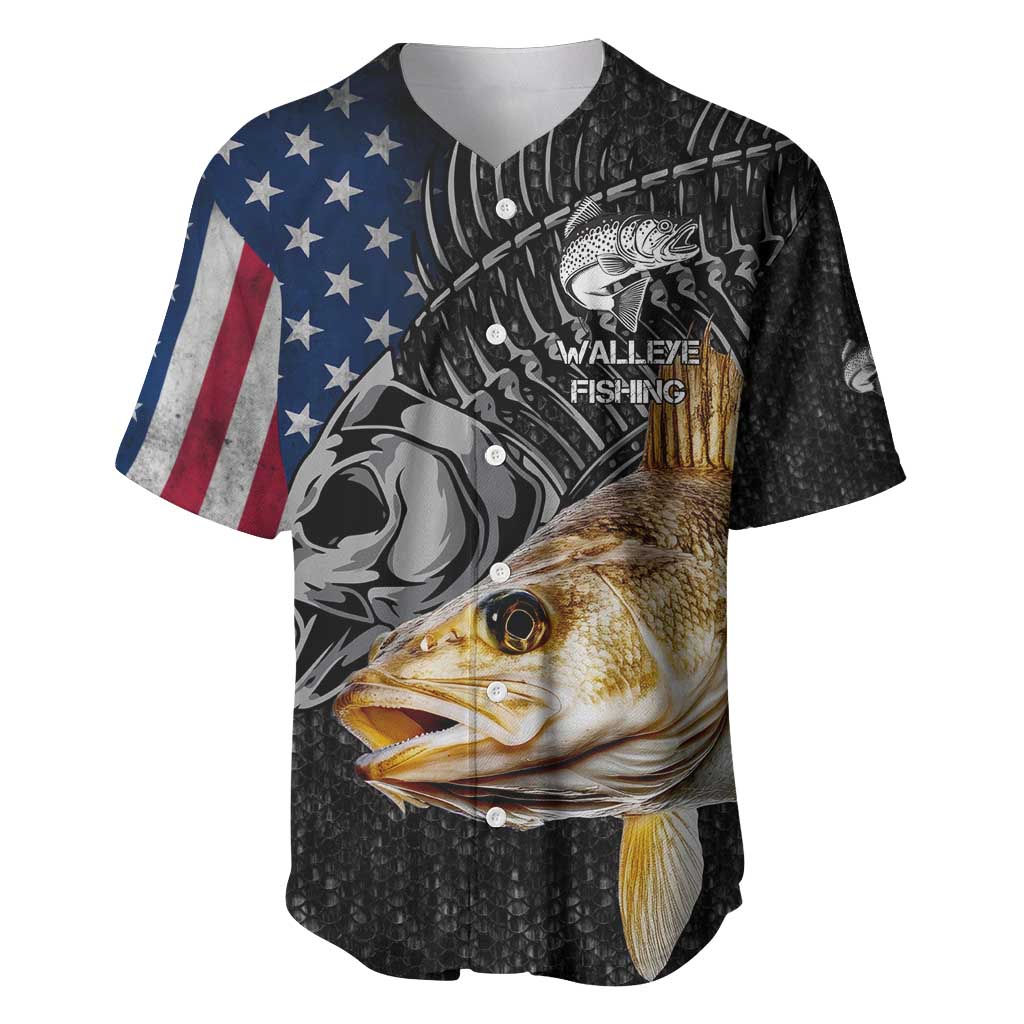 Walleye Fishing Skeleton Personalized Baseball Jersey Grunge American Flag and Realistic Fish Graphic - Wonder Print Shop