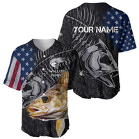 Walleye Fishing Skeleton Personalized Baseball Jersey Grunge American Flag and Realistic Fish Graphic - Wonder Print Shop
