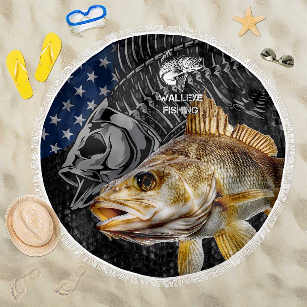 Walleye Fishing Skeleton Personalized Beach Blanket Grunge American Flag and Realistic Fish Graphic - Wonder Print Shop