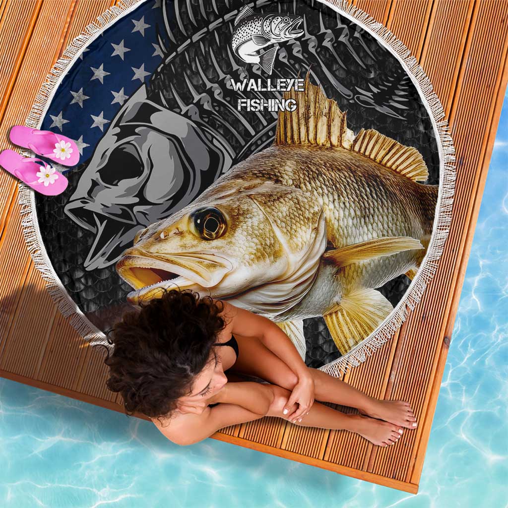 Walleye Fishing Skeleton Personalized Beach Blanket Grunge American Flag and Realistic Fish Graphic - Wonder Print Shop