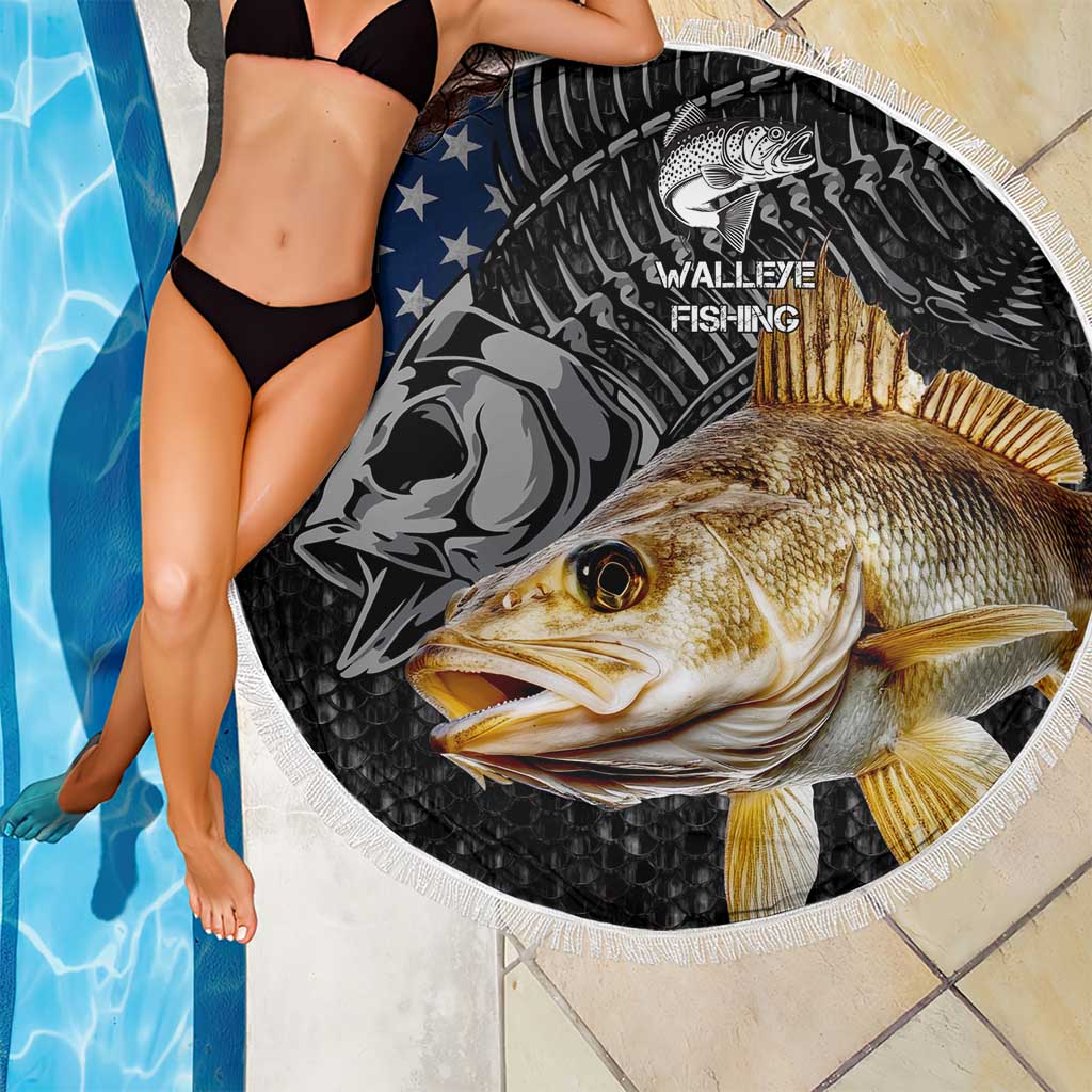Walleye Fishing Skeleton Personalized Beach Blanket Grunge American Flag and Realistic Fish Graphic - Wonder Print Shop