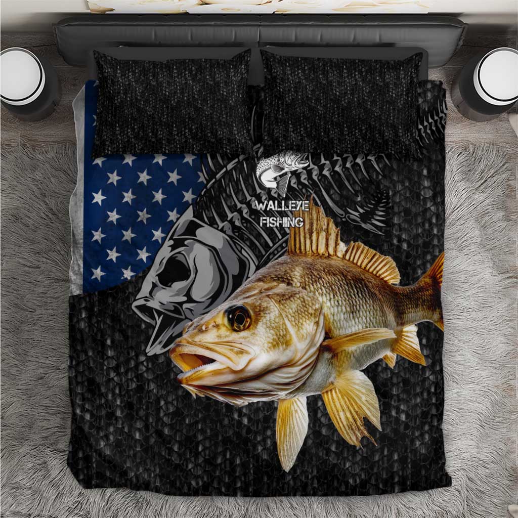 Walleye Fishing Skeleton Personalized Bedding Set Grunge American Flag and Realistic Fish Graphic - Wonder Print Shop
